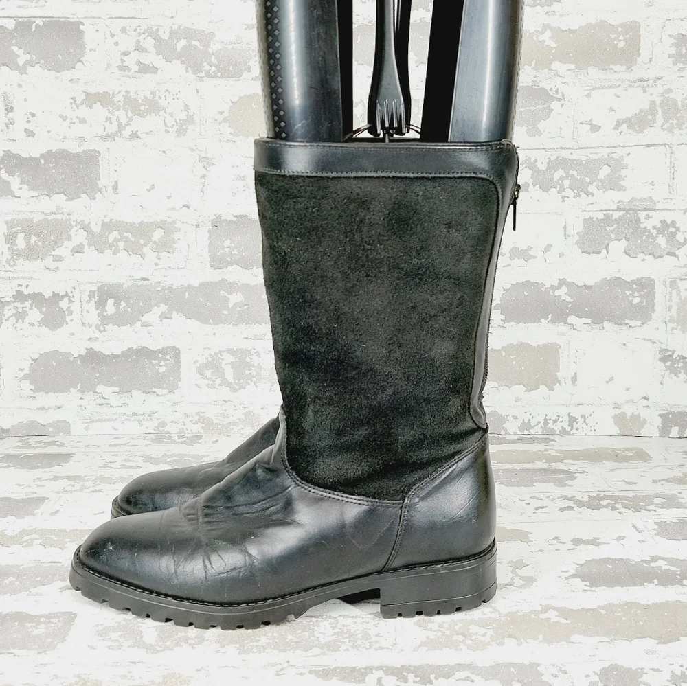 Regence Canada Black Leather And Suede Back Zipper Mid-Calf Boots T695